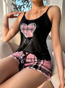 女式心形方格印花小背心和短褲睡衣套裝