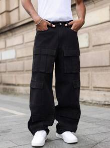 Manfinity EMRG Quần Jeans Denim Nam Màu Trơn Có Túi, Thời Trang Cho Mùa Hè - màu đen - Xem 6