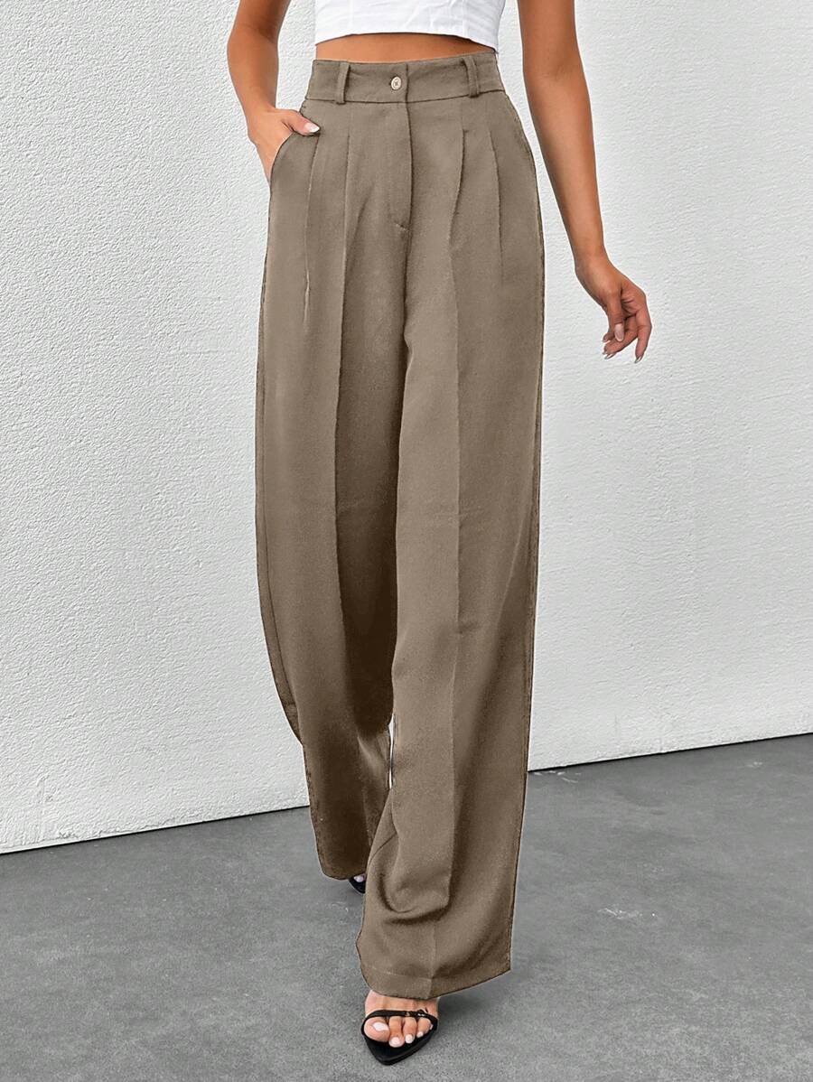 SHEIN Tall Tall Women's Solid Color High Waisted Wide Leg Pants - Coffee Brown - View 1