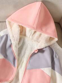 Tween 女童长袖拉链连帽羊毛拼布夹克