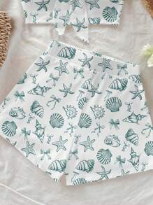 Soleia 女士休闲假日蝴蝶结前短款上衣和紧身短裤套装，适合夏季和度假，海洋动物印花，贝壳印花，复古风格，休闲假日风格，性感风格，可爱，Y2K 椰子女孩，波西米亚风，音乐节，适合夏季 - 白色 - 查看 5