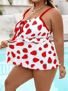 SHEIN CURVE+ Bộ đồ bơi tankini dây đeo họa tiết dâu tây casual cho nữ size lớn, trang phục đi biển mùa hè/về quê/kỳ nghỉ bãi biển/đồ đi biển/đồ tắm cho nữ - Nhiều màu - Xem 4