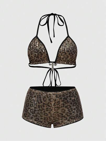 ROMWE Avant Sexy Leopardenmuster Bikini mit tiefem Bund und sehr kurzer Hose 2 Stücke Set für Frauen, ideal für Musikfestivals und Partys
