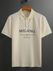 EGENSIO Men's Casual Sports Letter Print Button Half-Placket Polo Shirt - Apricot - View 3