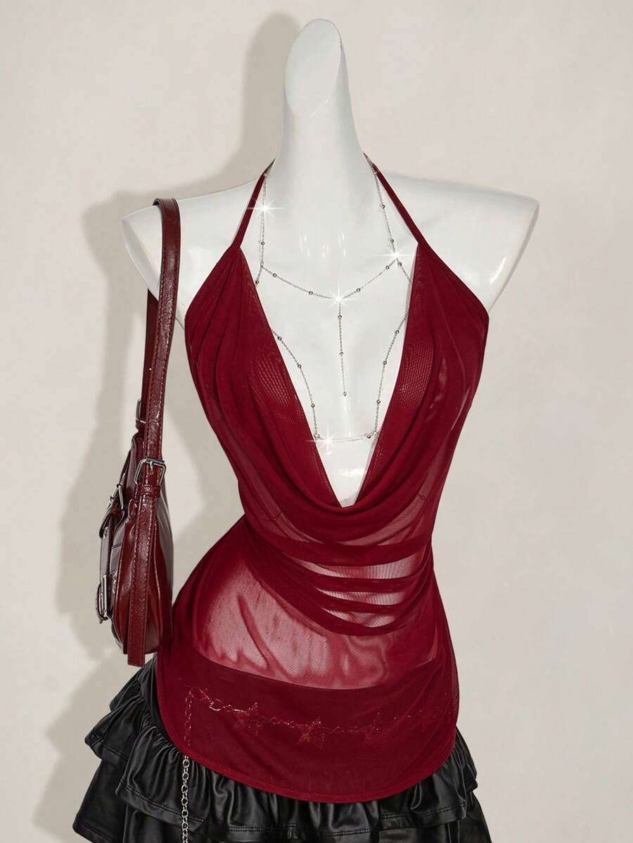 SHEIN ICON Áo hai dây hở lưng lưới mỏng cực kỳ gợi cảm dành cho nữ - Màu Đỏ Sâu - Xem 1