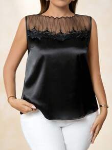 Chikora Plus Size Elegant Contrast Mesh Solid Color Sleeveless Tank Top,Simple, Fashionable And Casual Daily Wear,Going Out Outfits,Women Patchwork Floral Applique Mesh,Holiday Outfits,Suitable For Workplace, Afternoon Tea, Date, Concert, Party, Retro College Style,Suitable For Commuting And Attending Weddings