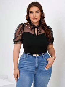 SHEIN Clasi Plus Size Women's Summer Mesh Contrast Tie Neck Puff Sleeve T-Shirt