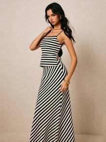 Poéselle 2件套女士夏季条纹吊带背心和迷你裙休闲装