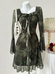 Modelyn Robe courte élégante avec volants et manches évasées imprimée tie dye pour femmes - Vert - Voir 2