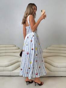 Roylia 女士春夏度假风海洋图案条纹印花方领细肩带高腰褶饰 A 字长裙 - 彩色 - 查看 2