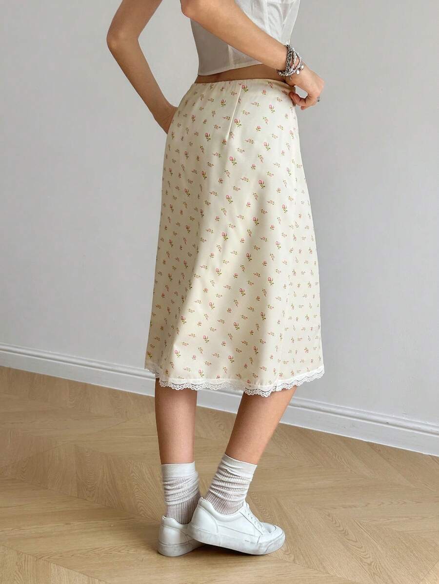 Jouncy 女式撞色蕾丝休闲A字夏季法式碎花半身裙 - 黃色 - 查看 1