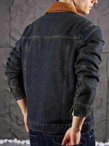 Manfinity Homme Plus Size Men's Color Block Corduroy Turndown Collar Zip-Up Denim Jacket, Casual Streetwear, Spring/Autumn - Dusty Blue - View 2