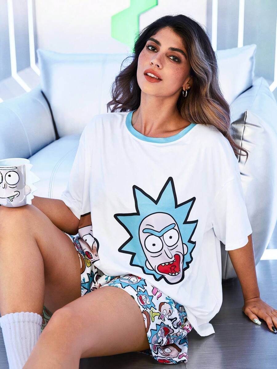 Rick and Morty X SHEIN 大码卡通图案短袖上衣和全身印花短裤睡衣套装