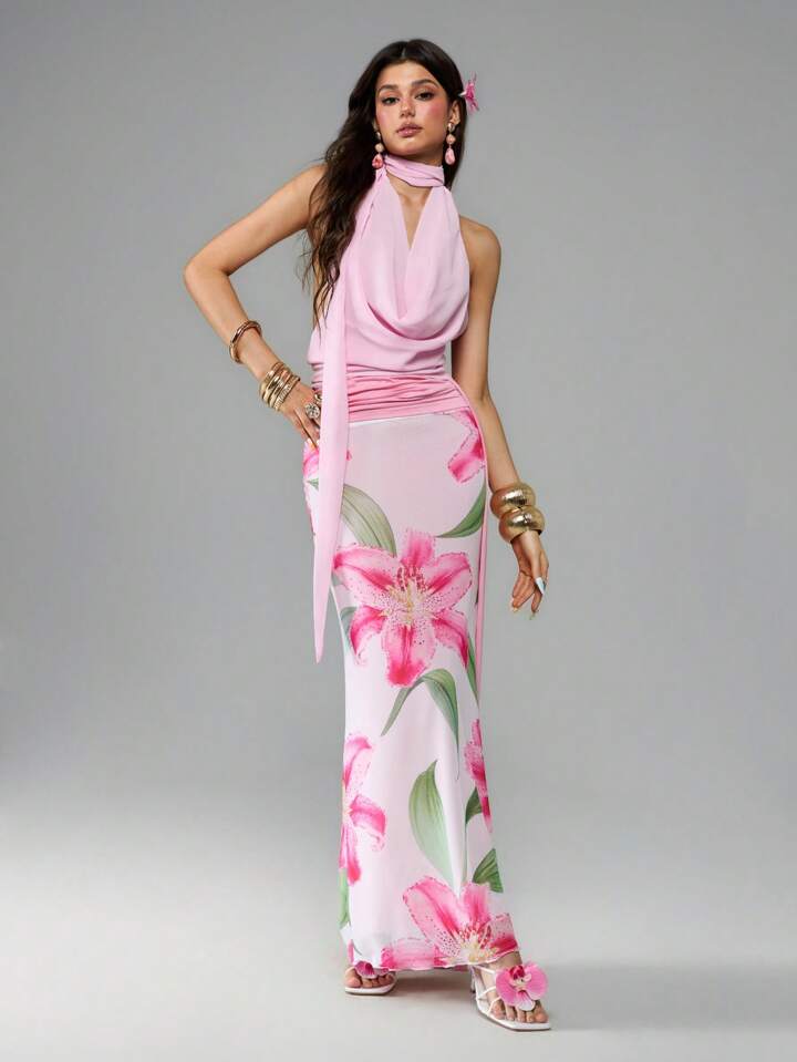 Our ROMWE Avant 2 Pieces Set Y2K Low Waist Mermaid Skirt With Lily