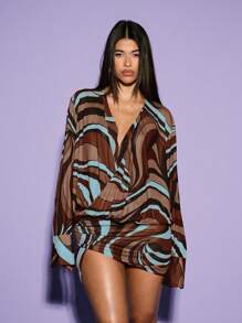 KIZN V领深V印花网纱迷你沙滩连衣裙 Ibiza，服装