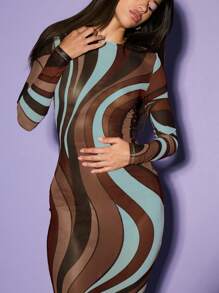 KIZN 薄纱长袖印花网纱长裙