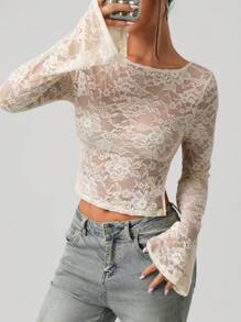 SHEIN ICON Atasan Lengan Panjang Elegan Tanpa Punggung dengan Detail Ikat Simpul dan Renda Transparan Warna Polos - Aprikot - View 7