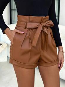 SHEIN Clasi 紙袋腰腰帶PU皮革短褲 - 棕色 - 查看 4
