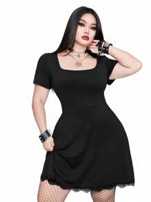 Whyspr Casual Punk Large Size Spring And Summer Dark Sexy Slim Fit Casual Versatile Bold Avant-Garde Round Neck Back Leak Back Star Cross Tie High Waist Slimming Lace Patchwork Hem Daily Dress Suitable For Independence Day Holiday Clothing
