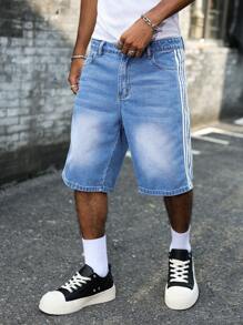 Manfinity EMRG Quần short denim Bermuda kẻ sọc bên hông dáng rộng thoải mái cho nam - Màu xanh lam - Xem 7