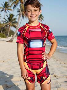 SHEIN 1 Piece Tween Boy Casual Sports Swimsuit With Robot Pattern Leggings Kids Outfits Toddler Boy Clothes Back To School Boys Set Suitable For Outdoor Swimming Kids Bathing Suits Suitable For Spring, Summer Boys Superhero Swimsuits Red Toddler Boy Swim Sets