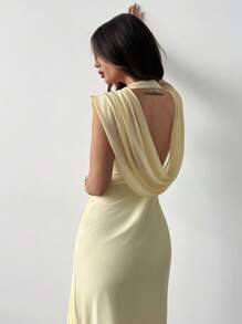 Firerie 女士新款简约优雅节日派对鸡尾酒舞会礼服露背连衣裙，黄色，交叉领口，腰部荷叶边设计，喇叭袖，修身连衣裙，夏季 - Butter Yellow - 查看 3