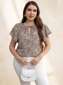 Chikora Plus Size Chic Lace-Up Neckline Ruffle Sleeve Casual Short Sleeve Shirt For Daily Wear In Spring And Summer