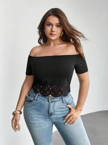 SHEIN Privé Plus Off Shoulder Laser Cut Scallop Edge Tee - Black - View 6