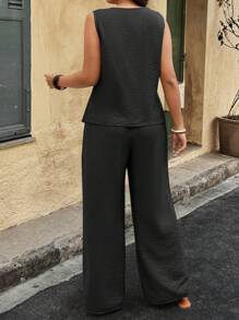 SHEIN Holidaya Conjunto de 2 piezas informal para mujer talla grande: chaleco de solapa única y pantalones de pierna ancha de unicolor para el verano