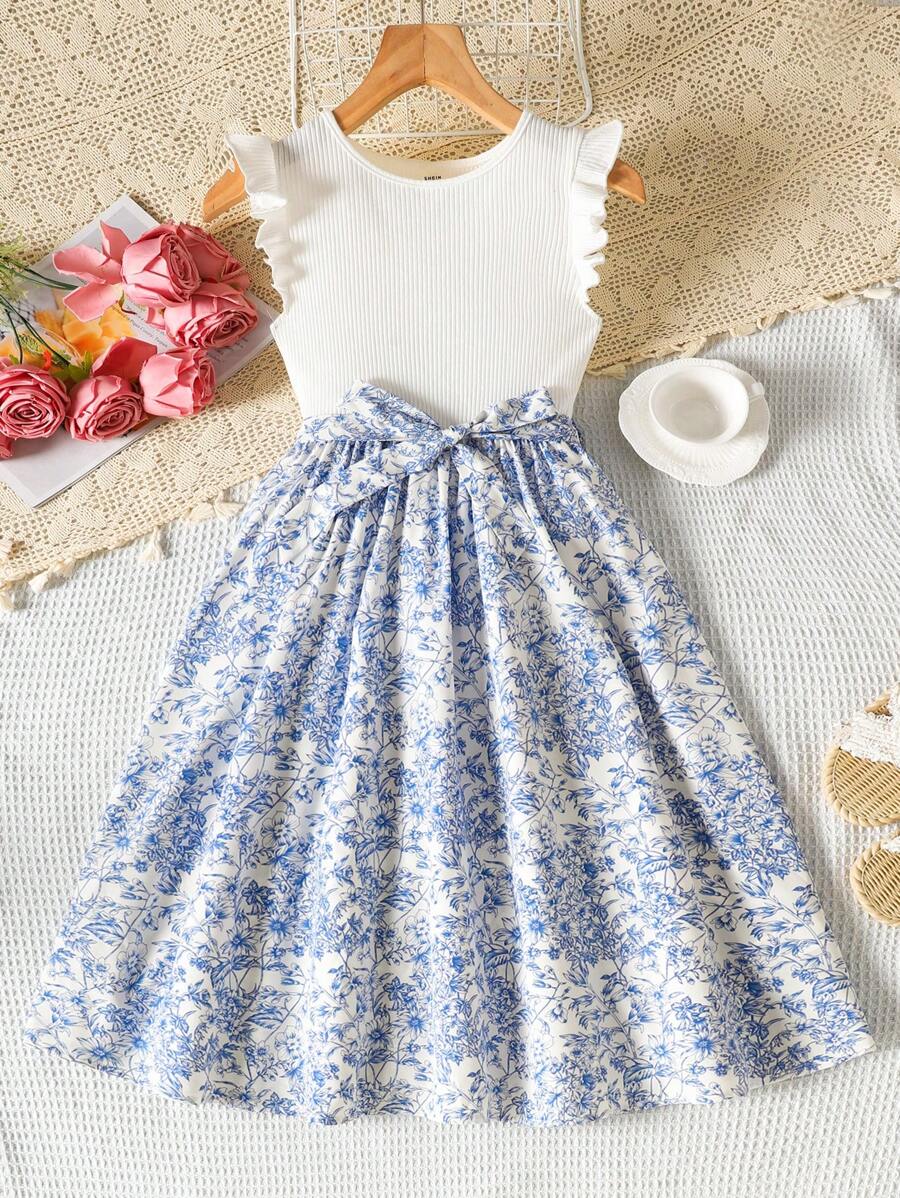 SHEIN 青少年女孩休闲日常度假蓝色碎花荷叶边松紧腰连衣裙 - 藍白色 - 查看 1