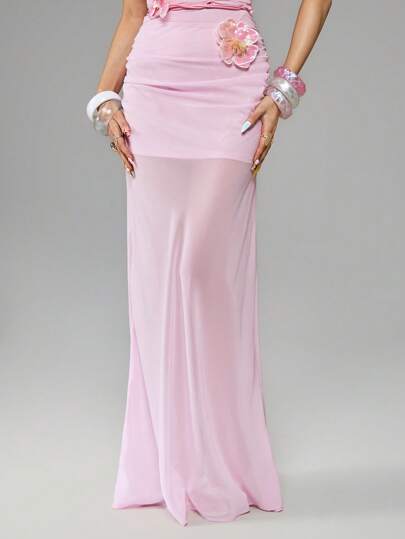 ROMWE Avant Jupe sirène taille basse style Y2K avec décoration florale pailletée, en mousseline de soie, convient pour les stations balnéaires