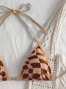 Swim Mod 2pcs Women Checkered Print Sexy Halterneck Bikini Set, Spring Break For Summer Beach Vacation - Multicolor - View 5