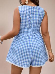 SHEIN VCAY 大码女式格子无袖圆领褶皱休闲连体裤 女式优雅夏季服装 女式春季复活节服装 女式节日服装 狂欢服装 女式优雅度假服装 女式休闲波西米亚风毕业早午餐服装 女式婚礼宾客礼服 女式波西米亚音乐会服装 女式乡村音乐会服装 海滩度假服装