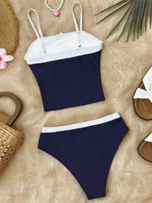 SHEIN TEENGIRL Vacation Black & White Tie Bow Contrast Color Tankini Swimsuit Set, Conservative Bikini Set - Navy Blue - View 2