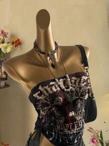 Attitoon Áo hai dây lửng nữ chất liệu 95% cotton, kiểu dáng vintage punk grunge, họa tiết chữ thập và chữ Anh, có dây rút, thích hợp cho các buổi đi chơi, kỳ nghỉ biển, phong cách đường phố, sang trọng, phong cách Y2K. - Nhiều màu - Xem 7