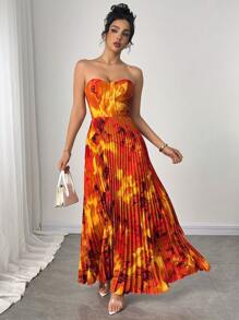 Elenzga Vestido estampado de mujer con pliegues que ciñen la cintura tipo top bandeau - Naranja - Ver 4