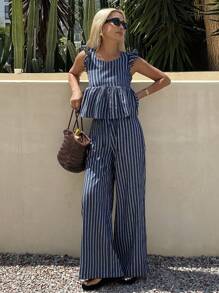Livesso Women's Striped Square Neck Ruffle Hem Cinched Waist Short Sleeve Top And Loose Striped Casual Wide Leg Pants 2 Pieces Set, Vacation Style Young Girl Casual Denim Suit,Back To School Clothes - Blue and White - View 2