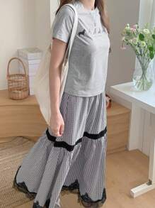 DAZY Women's Summer Round Neck Short Sleeve Top And Plaid Lace Splice Skirt, 2 Pieces Set, Casual