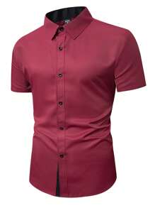 Manfinity Mode Men's Solid Color Button-Up Short Sleeve Formal Work Shirt - Burgundy - View 4