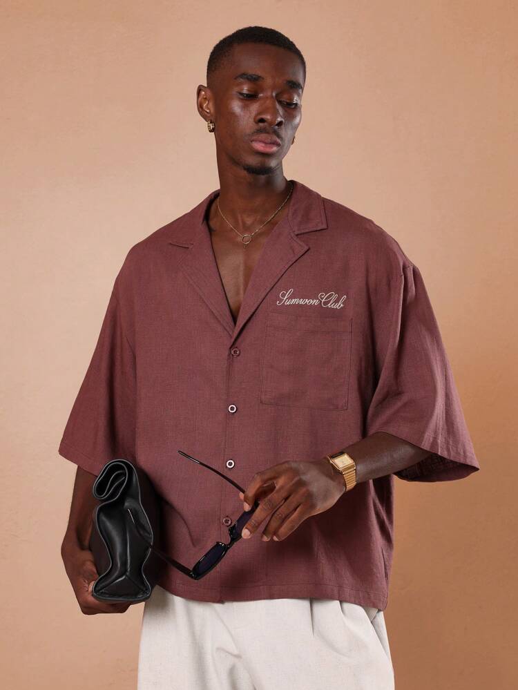 Linen Look Button Down Notched Collar Boxy Fit Oversized Men Shirt