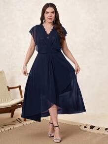 SHEIN Clasi Plus Size Women Solid Color Contrast Lace Batwing Sleeve Elegant Dress - Navy Blue - View 4