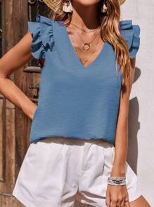 EMERY ROSE Women V-Neck Solid Color Cap Sleeve Casual Blouse - Blue - View 4