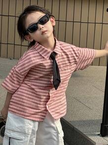 DAZY 男童休闲条纹口袋短袖条纹衬衫，日常穿着 - 粉色 - 查看 7