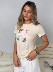 Roylia Women's Summer Beach Elements Print Short Sleeve Round Neck T-Shirt