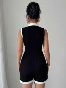 SHEIN PETITE Mono corto elegante y sexy de contraste de color blanco y negro sin mangas con cuello de solapa y cintura ceñida - Negro - Ver 2