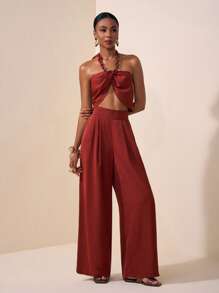 Zivah 2025 Summer New Style Wedding Birthday Party Daily Outing Basic Versatile Casual Popular Online Style Street Style Elegant Commuting Business Casual Necklace Hanging Sexy Backless Irregular Hem Women's Top And Pleated Straight Wide-Leg Pants Good Drape Red Brown Summer Suit Women's Two-Piece Suit