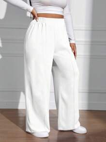 SHEIN EZwear Plus Size Casual Solid Color Simple Wide Leg Pants With Seam Front - White - View 11