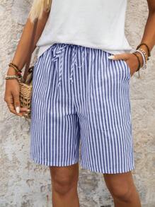 EMERY ROSE Striped Bermuda Shorts With Pockets, Loose Fit Mid-Waist Knee Length, Fashion Basics,High Waisted Shorts - Royal Blue - View 7
