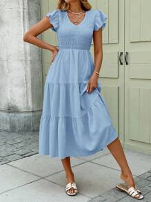 SHEIN LUNE Spring Romantic Date Gathering Ruffle Sleeve Layered Hem Pink Women Mid-Length Dress Blue Summer Dress Women Women Vacation Dress Blue Beach Dress Summer Dress Tiered Dress