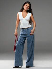 SHEIN Forever 21 Jeans in denim larghi a vita bassa e vita larga nuovi per l'estate, con effetto trascinamento - Lavaggio chiaro - Visualizzare 3